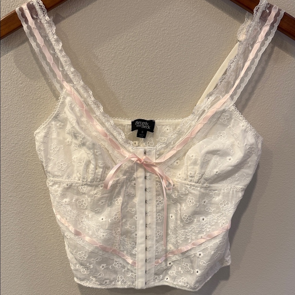 White Eyelet Lace Crop Corset Top with Pink Ribbon